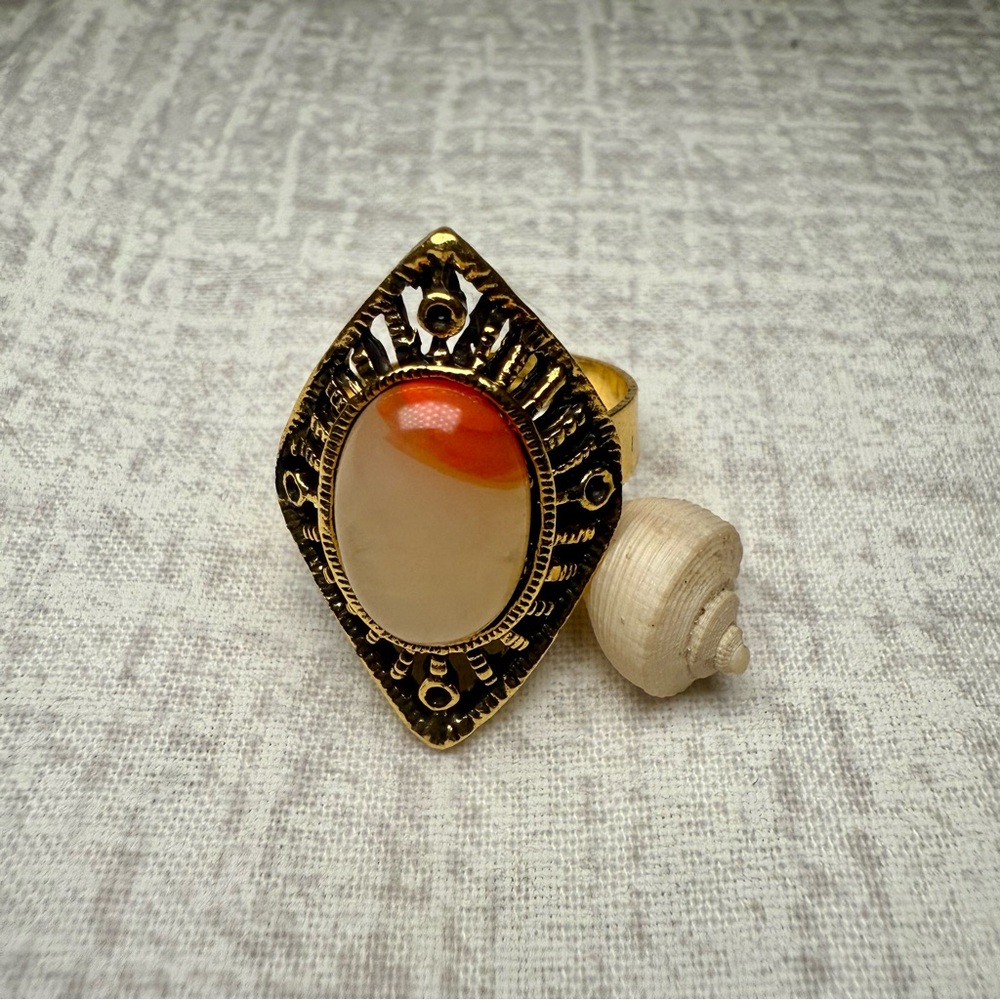 NWT Antique-Inspired Gold Statement Ring with Oval Cabochon Stone, Adjustable - Picture 2 of 4